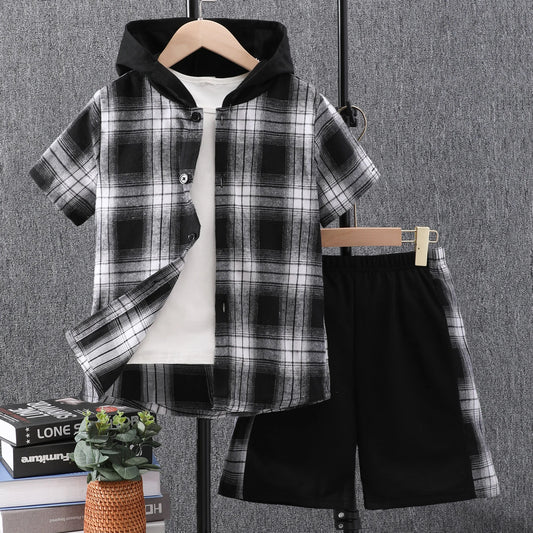 Boys Plaid Outfit Short Sleeves Button Down Hooded Shirt & Shorts Casual For Summer Kids Clothes