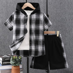 Boys Plaid Outfit Short Sleeves Button Down Hooded Shirt & Shorts Casual For Summer Kids Clothes