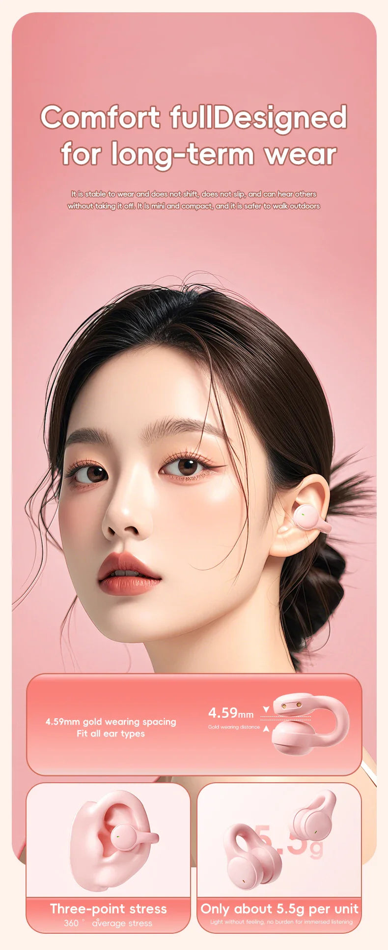 X53 Wireless Headphones Bluetooth Headset Smart Digital Display Volume Adjustment Cute Cartoon Ear Clip Wearing Comfortable