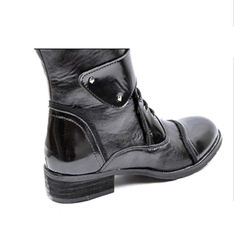 Gothic Punk Cosplay Dance Boots for Men Mid Leg Patent Leather Short Military Boots