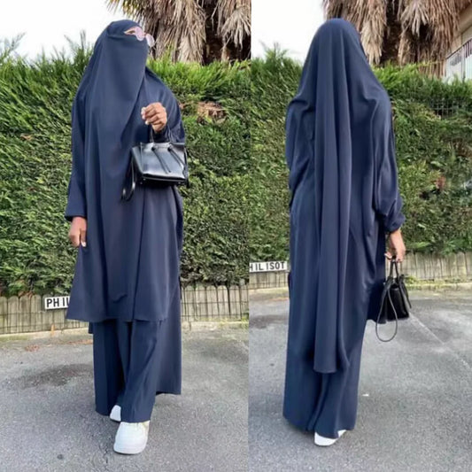 Muslim Hooded Abaya Khimar Skirt 2 Piece Matching Set Dubai Hijab Dress Woman