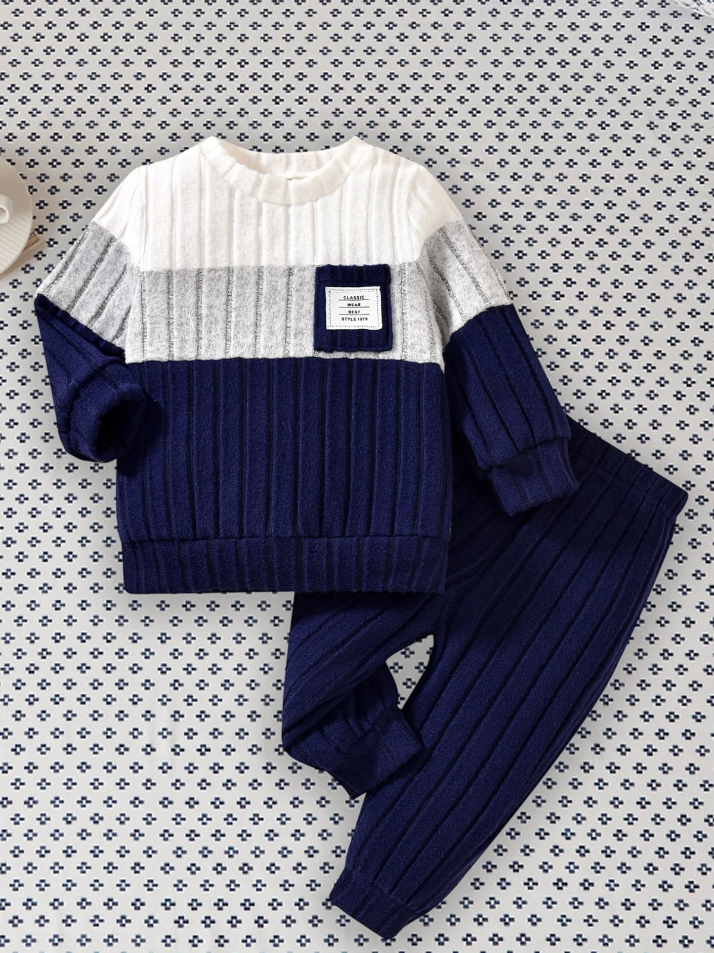0-3 Years Boys Fall 2Pcs Clothes Sets Long Sleeve O Neck Patchwork Pullover Solid Color Pants