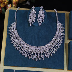 Fashion White 5A CZ Zirconia Leaf Earring Necklace for Women Bridal Weddings Jewelry