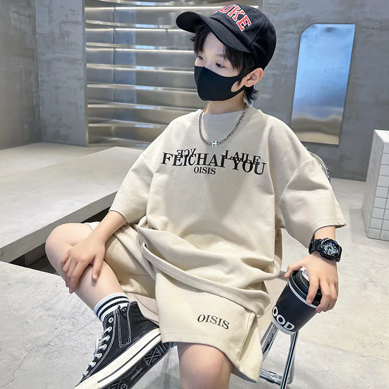 9-12Y Children Boy Summer Clothes Fashion Short Sleeve Letter Tshirt Top and Short Bottom 2pcs Outfit Teenage Casual Tracksuit