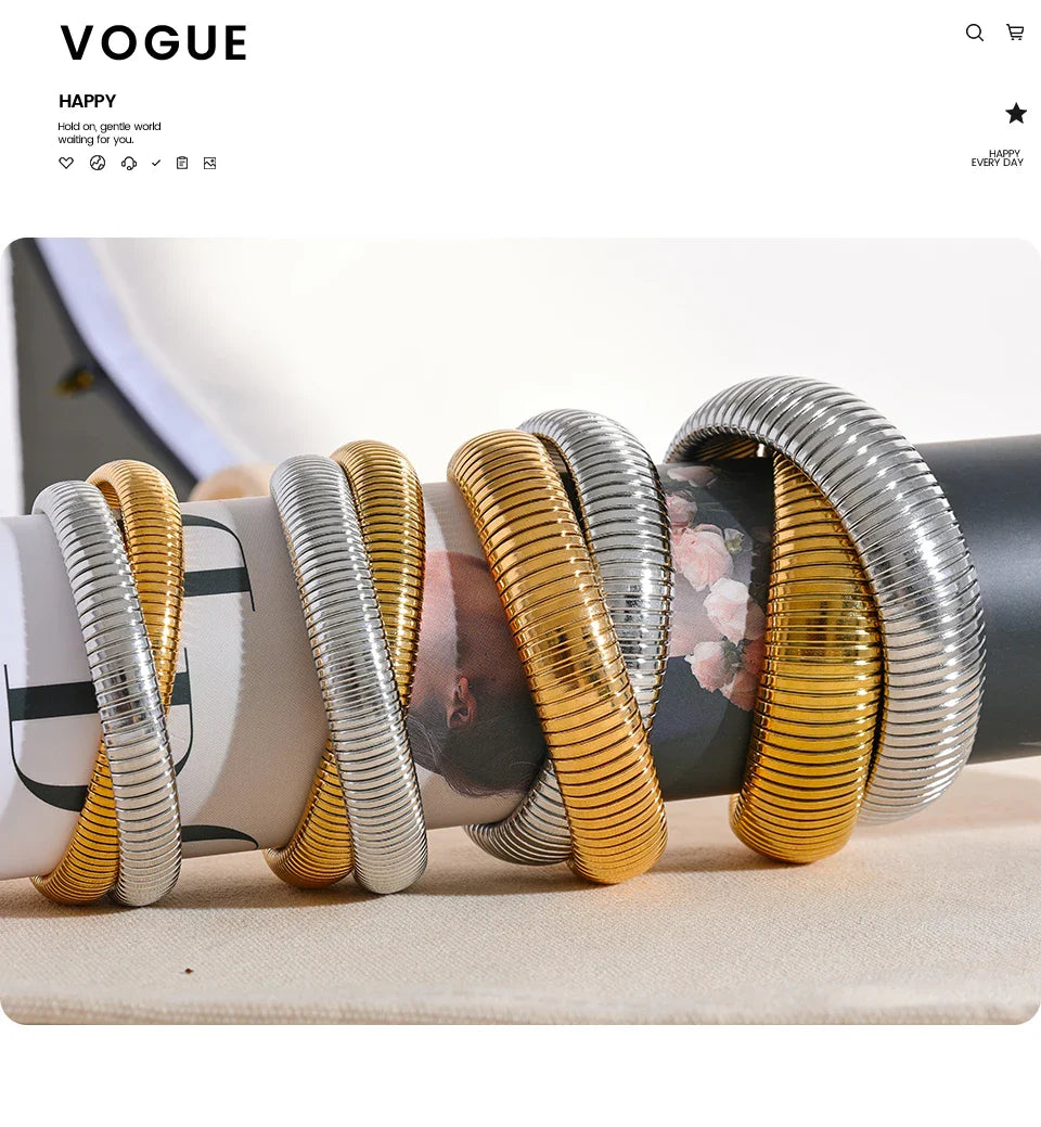 Yhpup Waterproof Stainless Steel Elastic Thick Metal Punk Bracelet Bangle 18K Gold Plated Fashion Women Trendy Jewelry Bijoux