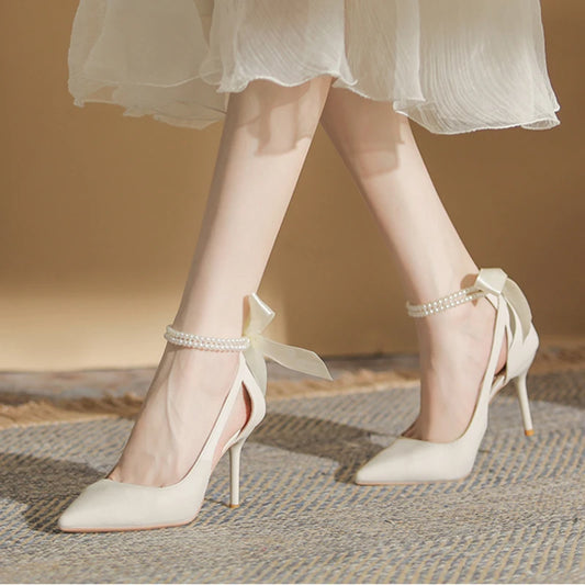 Elegant Ladies White Pearls Ankle Strap Pumps for Wedding Women Silk Back Bowtie High Stiletto Heeled Shoes Woman Spring 2023