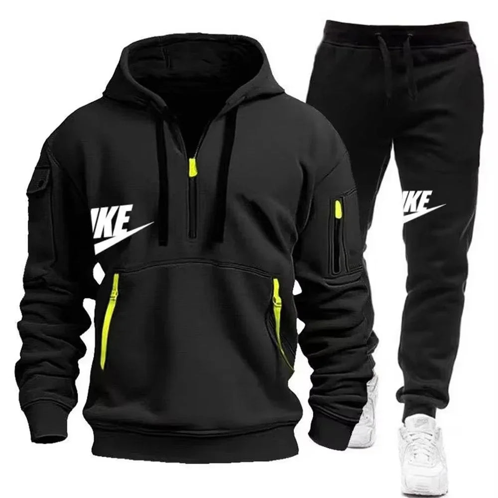 2025 New men's autumn and winter set: Multi-pocket hoodie + sport long pants set, casual men's wear, sportswear and warm set