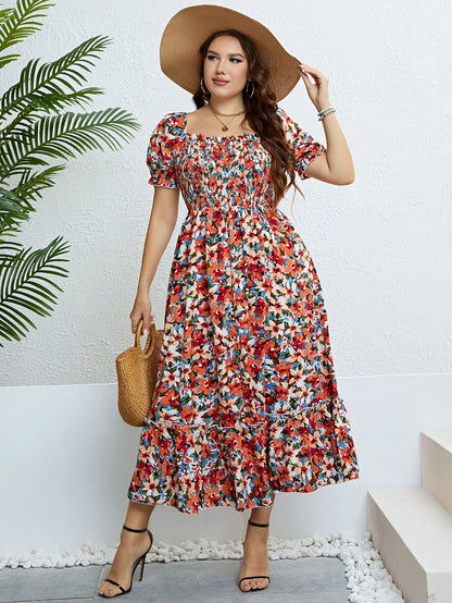Plus Size Women Clothing Puff Sleeve Floral Maxi Dress Square Collar a Line Cotton Robe Summer 2024 Boho Midi Elegant Dresses