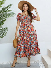 Plus Size Women Clothing Puff Sleeve Floral Maxi Dress Square Collar a Line Cotton Robe