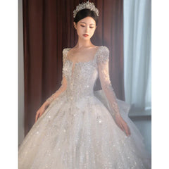 Wedding Dress See Through Square Collar Luxury Sweep Train Winter Bridal Gowns