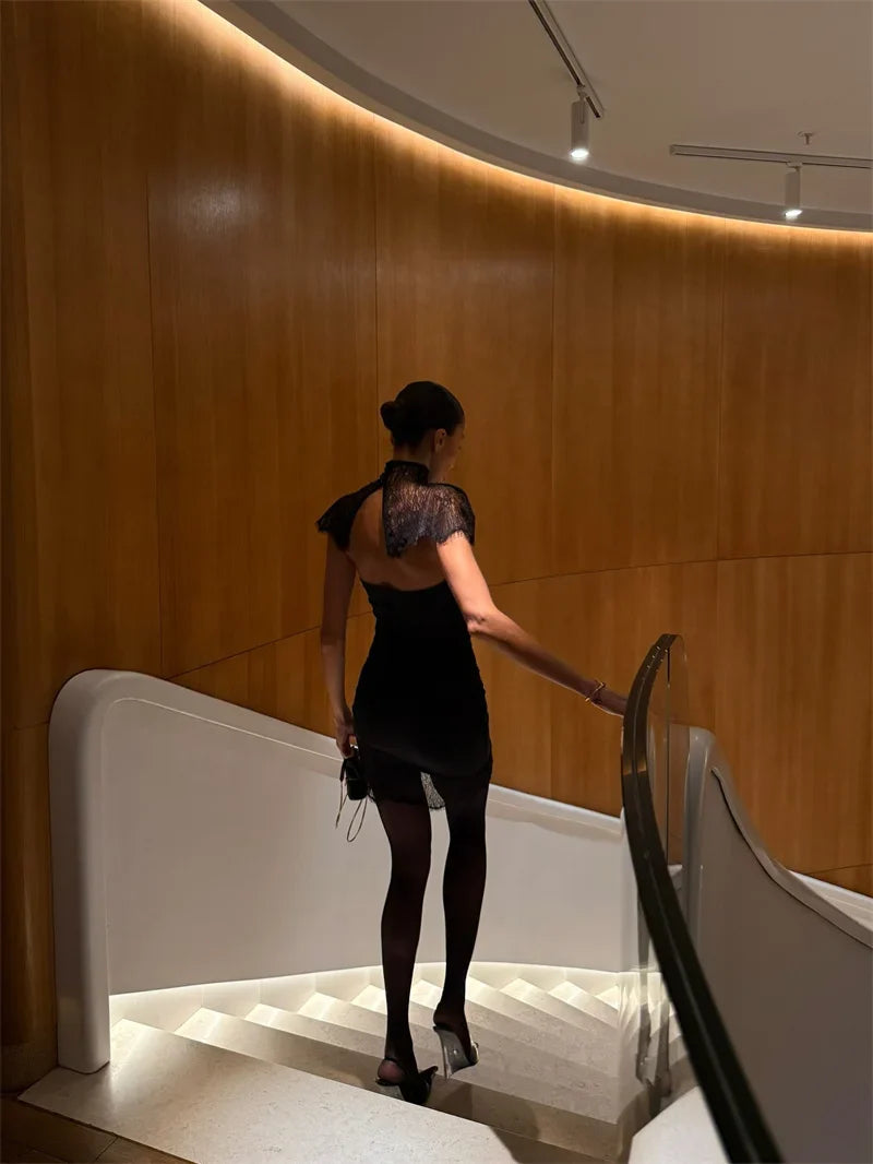 Mozision Lace Backless Sexy Mini Dress Women Gown Elegant See Through Turtleneck Sleeveless Bodycon Club Party Dresses Female