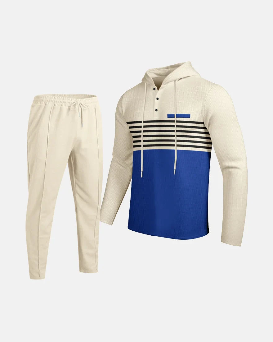 New Men's Waffle Casual Set Outdoor Four Seasons Versatile Trendy Stripe Color blocked Hoodie, Casual Pants Two Piece Set