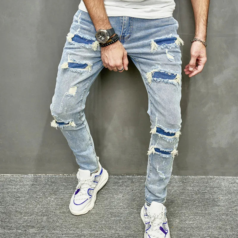 Men Holes Casual Skinny Jeans Pants Streetwear Male Stylish Ripped Solid Hip Hop