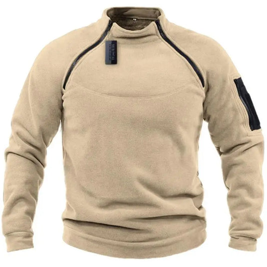 Double Zipper Solid Color Pullover for Men Stand Collar Sweatshirt Winter Windproof Coat