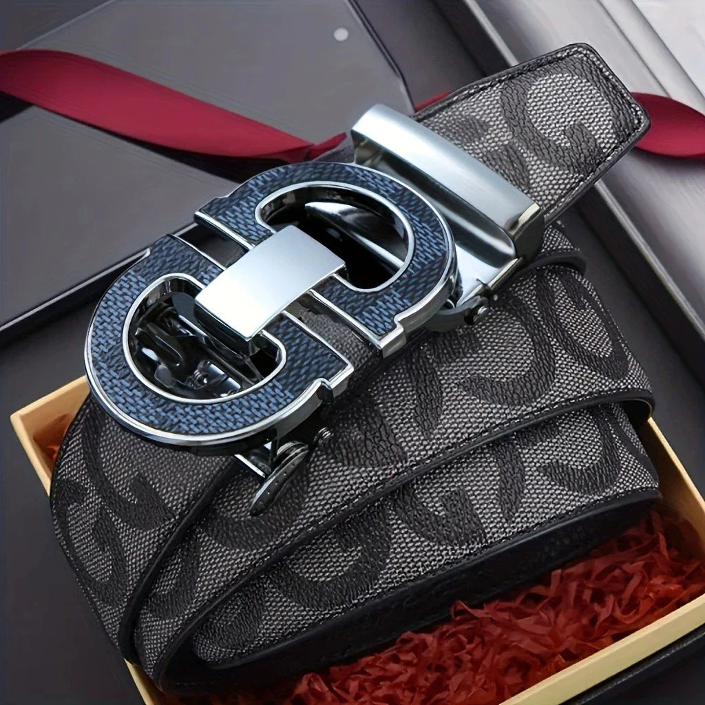 Men's Sleek Automatic Buckle Belt - Genuine FauxwithTextured Square Pattern, Black, Simple & Stylish DesignforCasual Attire