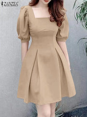 Fashion Women Square Neck Short Sleeve Party Sundress Casual Knee-length