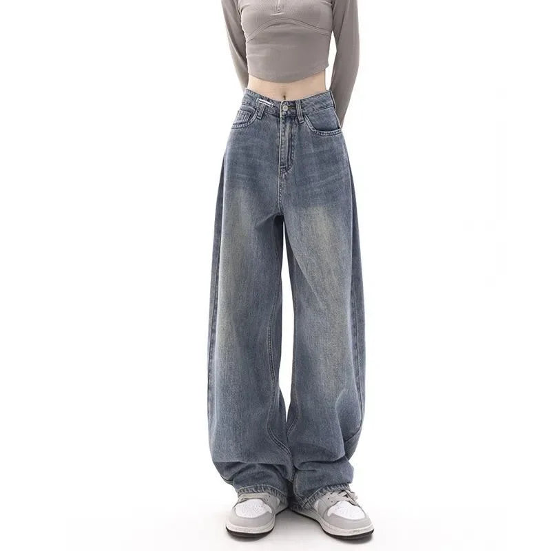 Retro Wide Leg High Waist Straight Streetwear Style Blue Jeans Pants