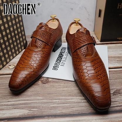 Luxury Men's Loafers Dress Shoes Snake Prints Formal Men Casual Shoes Black Brown Monk Loafers Office Wedding Leather Shoes Men
