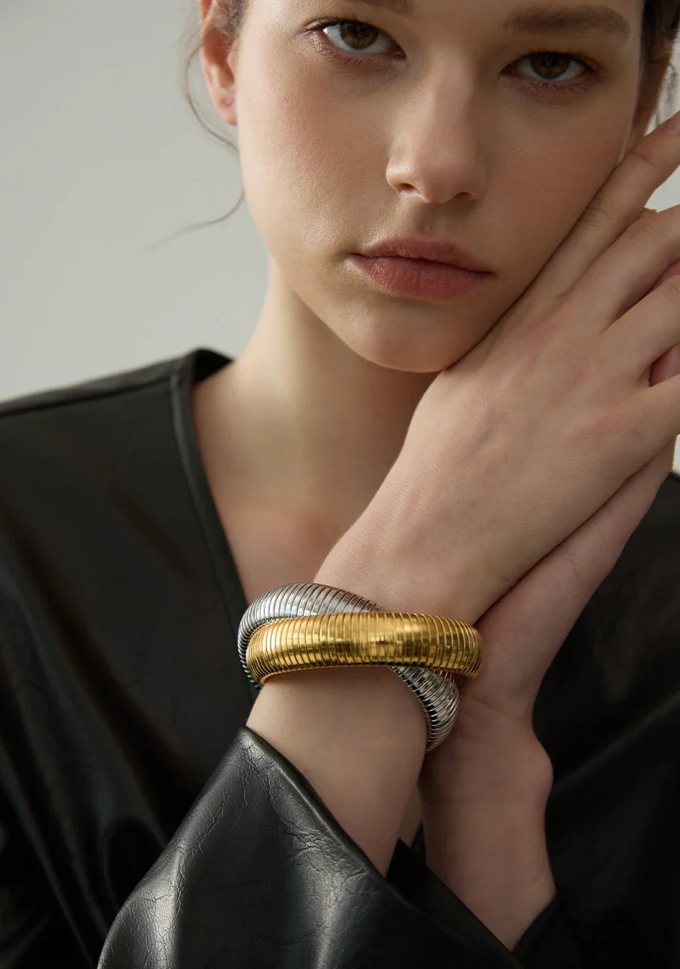 Yhpup Waterproof Stainless Steel Elastic Thick Metal Punk Bracelet Bangle 18K Gold Plated Fashion Women Trendy Jewelry Bijoux