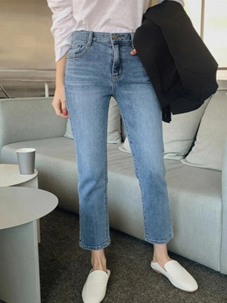 High Waist Pockets Boyfriend Jeans Women Stretch Blue Ladies Denim Cargo pants