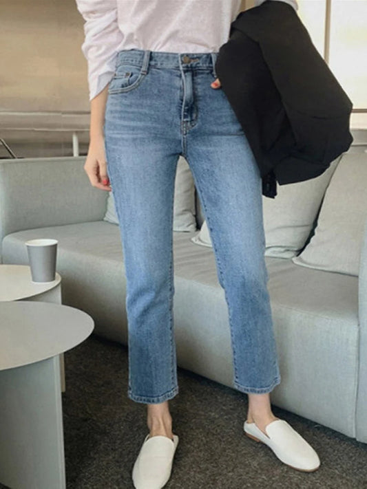 High Waist Pockets Boyfriend Jeans Women Stretch Blue Ladies Denim Cargo pants