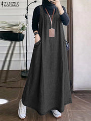 Dress Summer Women Sleeveless Solid Muslim Abaya Vestido Casual Loose Sundress