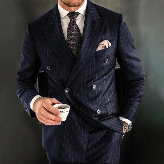 Tuxedo for Mens: Suits for Men Navy Blue Stripe Double Breasted Peak Lapel Smart