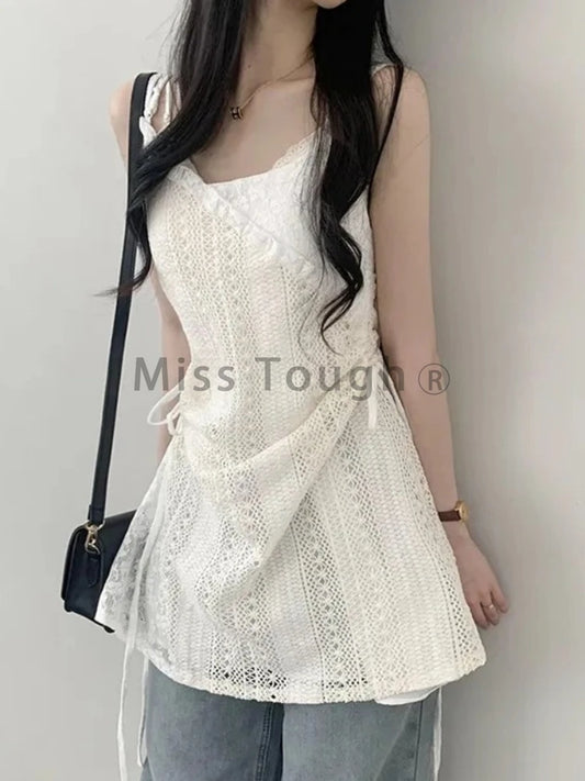 Summer Elegant One Piece Dress Women Chic French Lace Sling Shirt Stacked