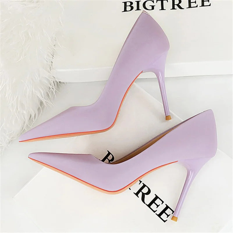 Women 10cm High Heels Satin Silk Dress Stiletto Fashion Pumps Lady Wedding Bridal Escarpin Catwalk Green Purple Peach Prom Shoes