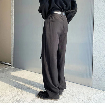 Belt Design Straight Casual Pant Men Fashion Show vintage Long Wide Leg Suit Pants
