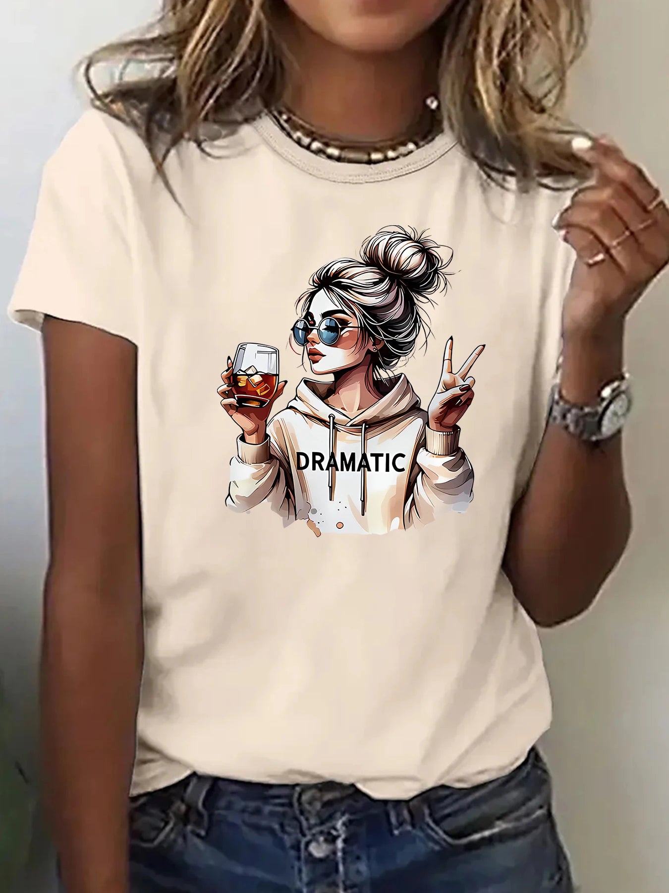 Streetwear 90s Women'S Casual Graphic T-Shirt "Dramatic" Print with Wine Print Short Sleeve T Shirt Clothing Top Tee