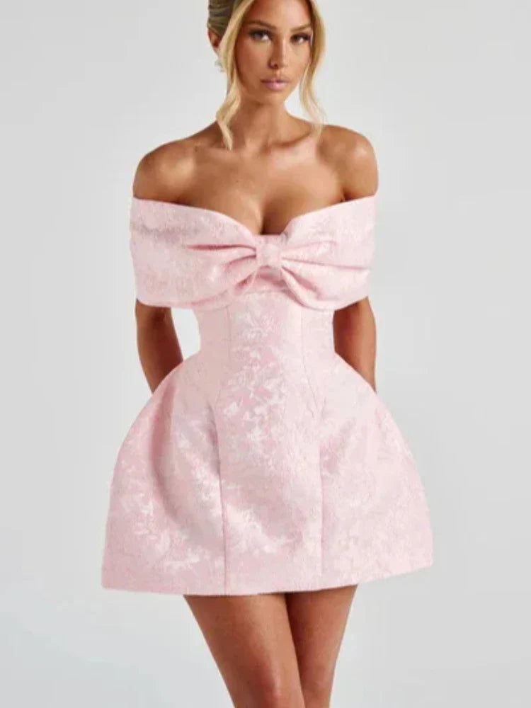 Fashionable And Sweet Slim Fit Jacquard Strapless Tie Bow One Shoulder Short Skirt American Sexy Temperament Solid Color Dresses