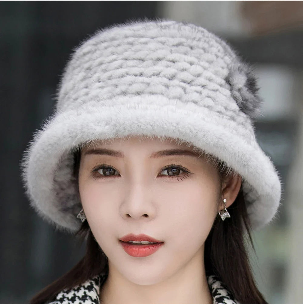 Woman Hat Winter Solid Mink Caps With Flower Natural Mink Fur Hats New Russian Girl Soft Knitting Real Fur Bucket Hats 2026 Warm