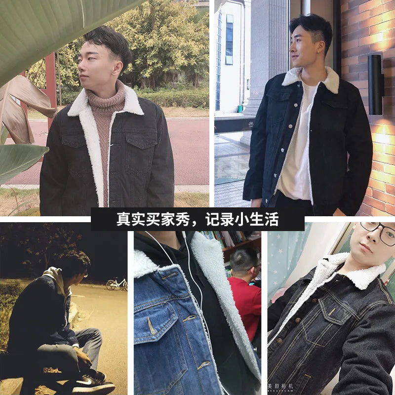 Autumn Winter Male Fashion Trend Lamb Fleece Denim Jacket Men Casual  Jean Coats