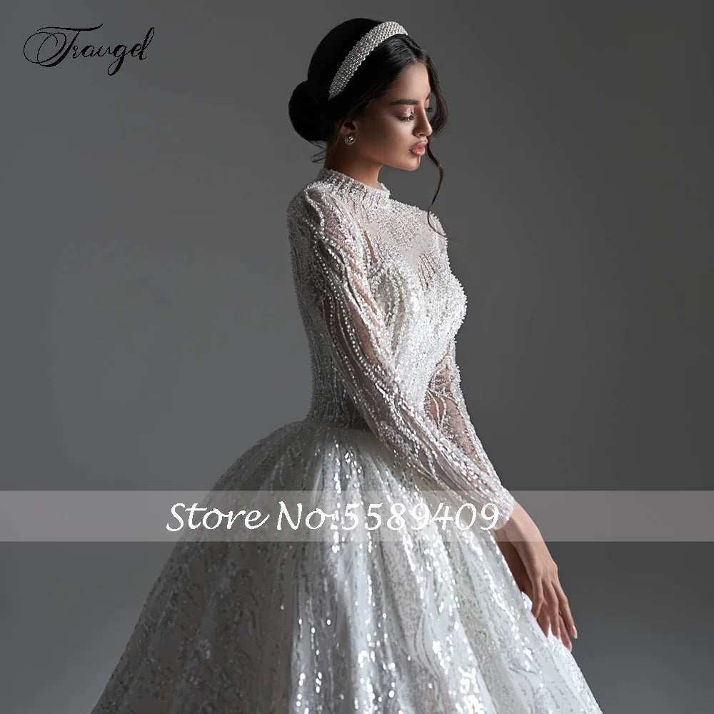 White Bridesmaid Dresses: Wedding Dresses High Neck Long Sleeve