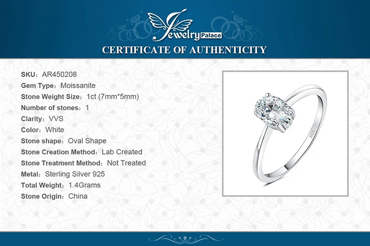 JewelryPalace Moissanite D Color 1ct 2ct Oval S925 Sterling Silver Solitaire Wedding Engagement Ring for Woman