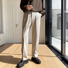 Draped Straight Men Pants Fashion Business Korean Loose Casual White Black Gray