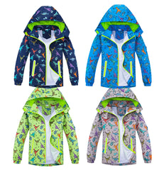 Boys Dinosaur Jacket Raincoat Windbreaker With Removable Hood Mesh Lining Casual Kids Clothes