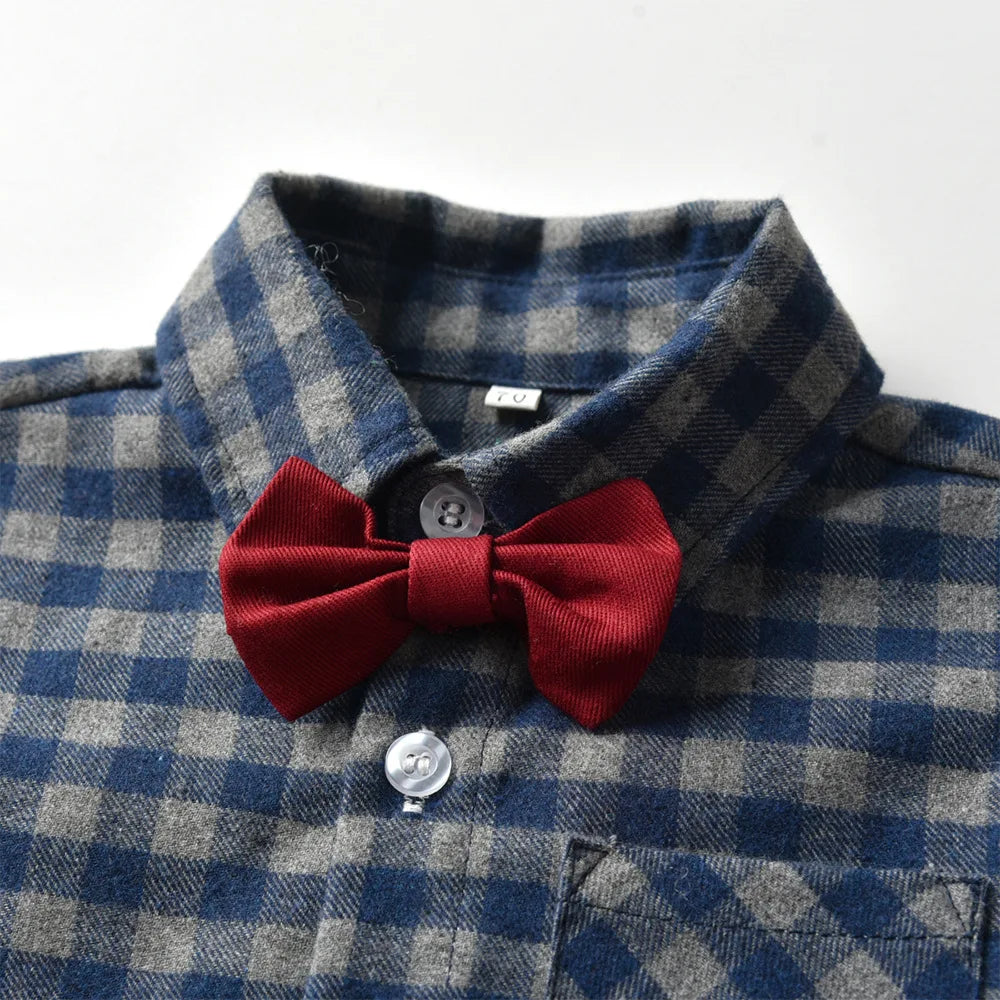 Children's Plaid Shirt and strap pants set for Boys with Bow Tie baby boy clothes 0 to 3Y Autumn Boys Clothes 70-130cm
