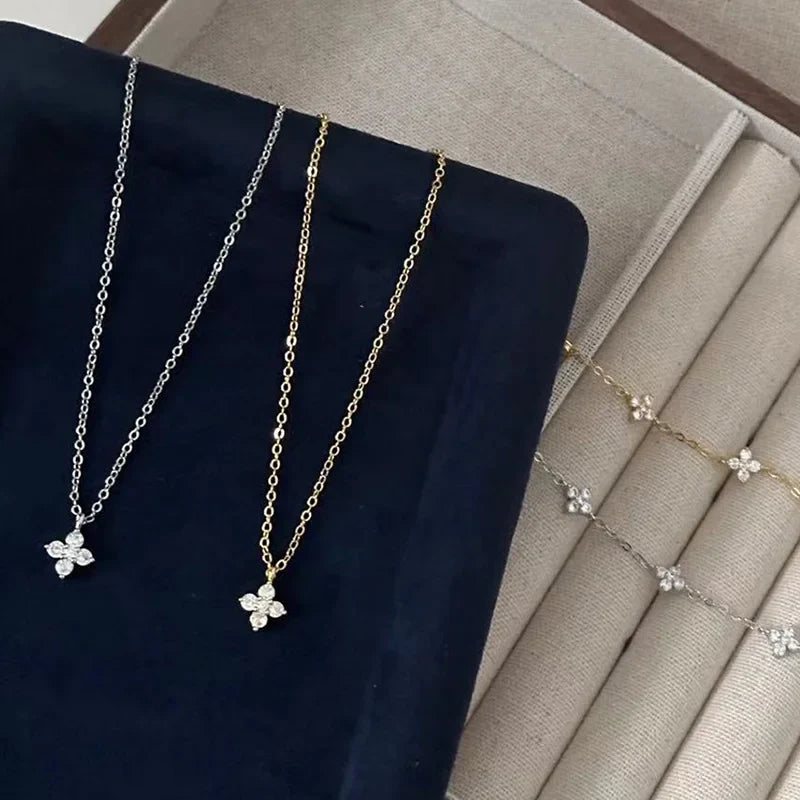 Dainty Lucky Leaf Necklace for Women 925 Sterling Silver Trendy 14K Gold Plating Cute White CZ Flowers Pendant Choker Necklaces