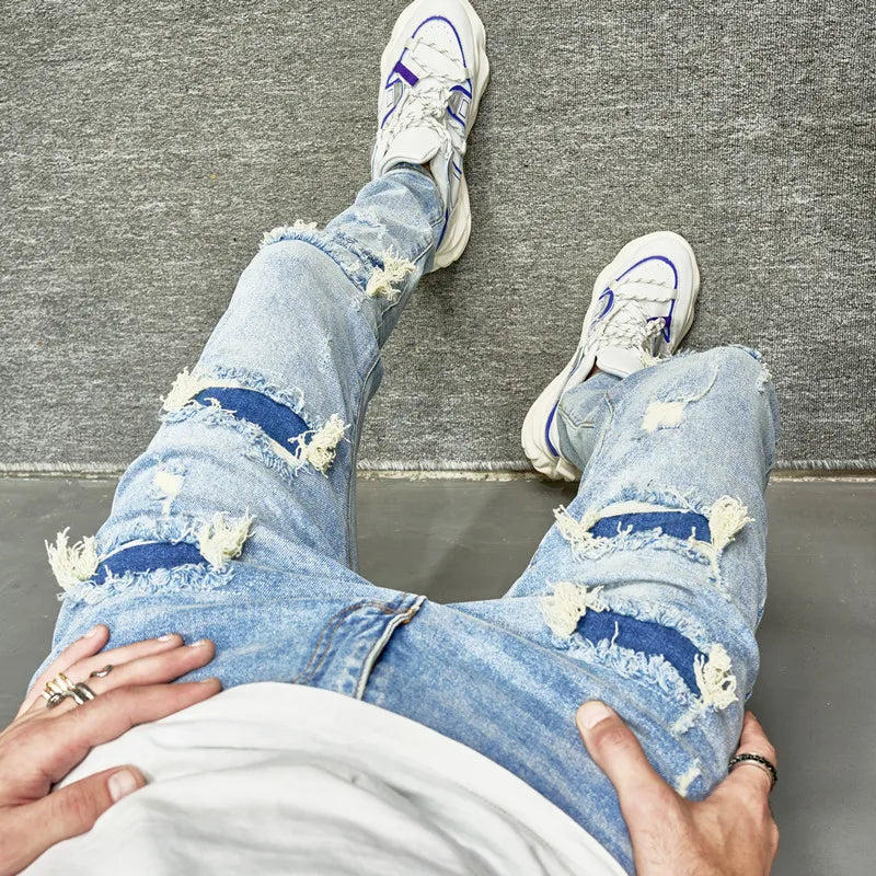 Men Holes Casual Skinny Jeans Pants Streetwear Male Stylish Ripped Solid Hip Hop