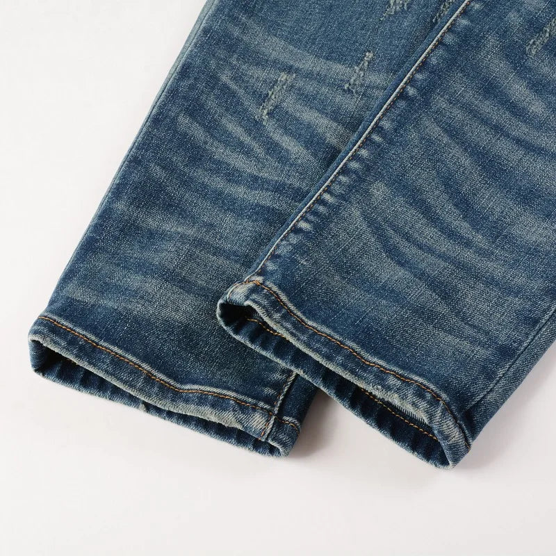 Men Leather Patch Biker Jeans Skinny Tapered Stretch Denim Blue Pants Streetwear