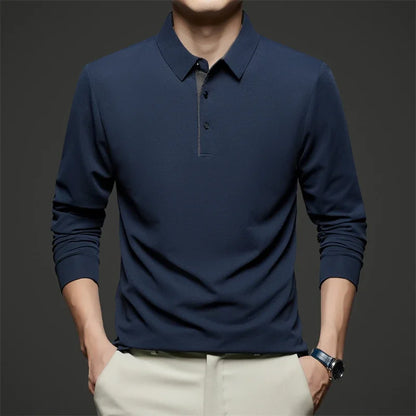 New Men's Business Casual  Long Sleeve Solid Color Polo Shirt Fashionable Warm Comfortable Four Seasons Versatile Top