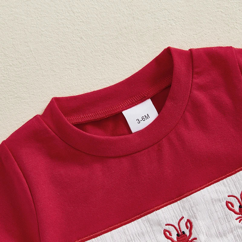 Toddler Baby Boy Summer Outfit Lobster Crawfish Embroidery Short Sleeve T-Shirt Top Striped Shorts Set Ocean Clothes