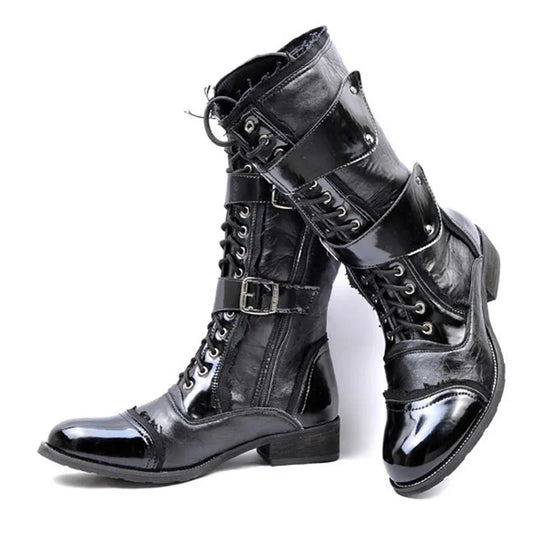 Gothic Punk Cosplay Dance Boots for Men Mid Leg Patent Leather Short Military Boots