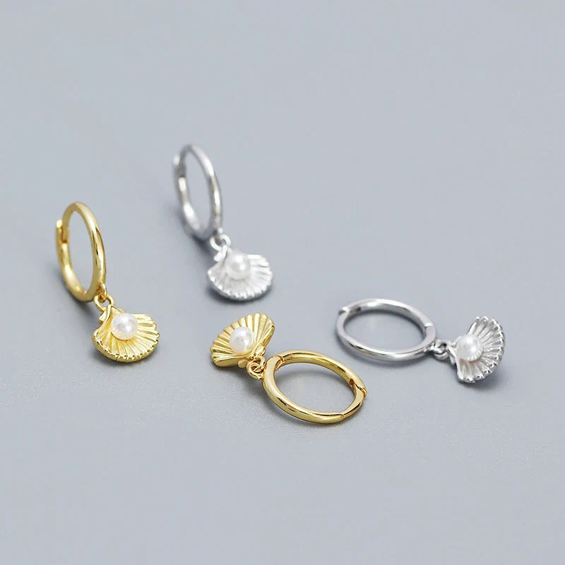 WANTME 925 Sterling Silver Romantic Sea Shell Pendant Synthetic Pearl Drop Earrings for Women Trendy Beach Bohemian Part Jewelry