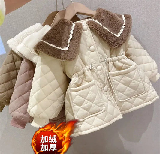 Girls Fleece Jacket Winter Children Cotton Coat Padded Thickened Warm Overcoat Toddler Solid Parkas Fashion Outwear 2-8 Years