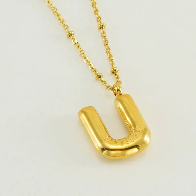 Vintage Stainless Steel Balloon Bubble Chunky Letter Necklace for Women 18K Gold