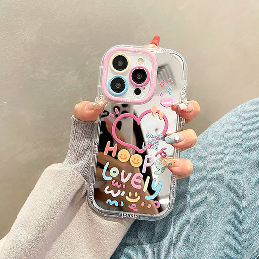 Lovely Girl Heart Mirror Phone Case For iPhone 11 12 13 14 15 16 Pro Max Shockproof