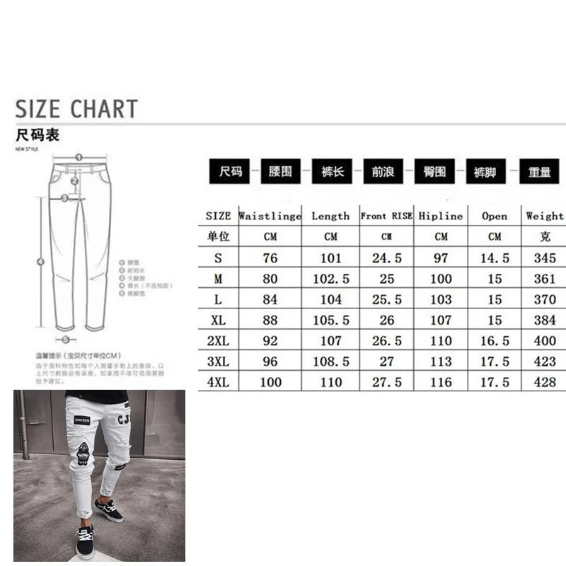 White Embroidery Skinny Ripped Jeans Men Cotton Stretchy Slim Fit Hip Hop Denim Pants